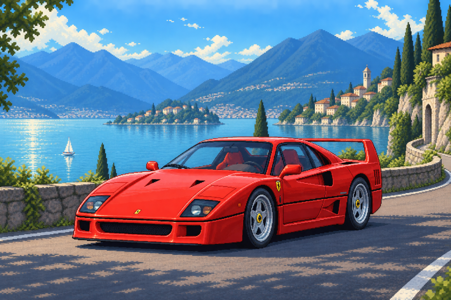 Pixel-art red Ferrari F40 collectible card